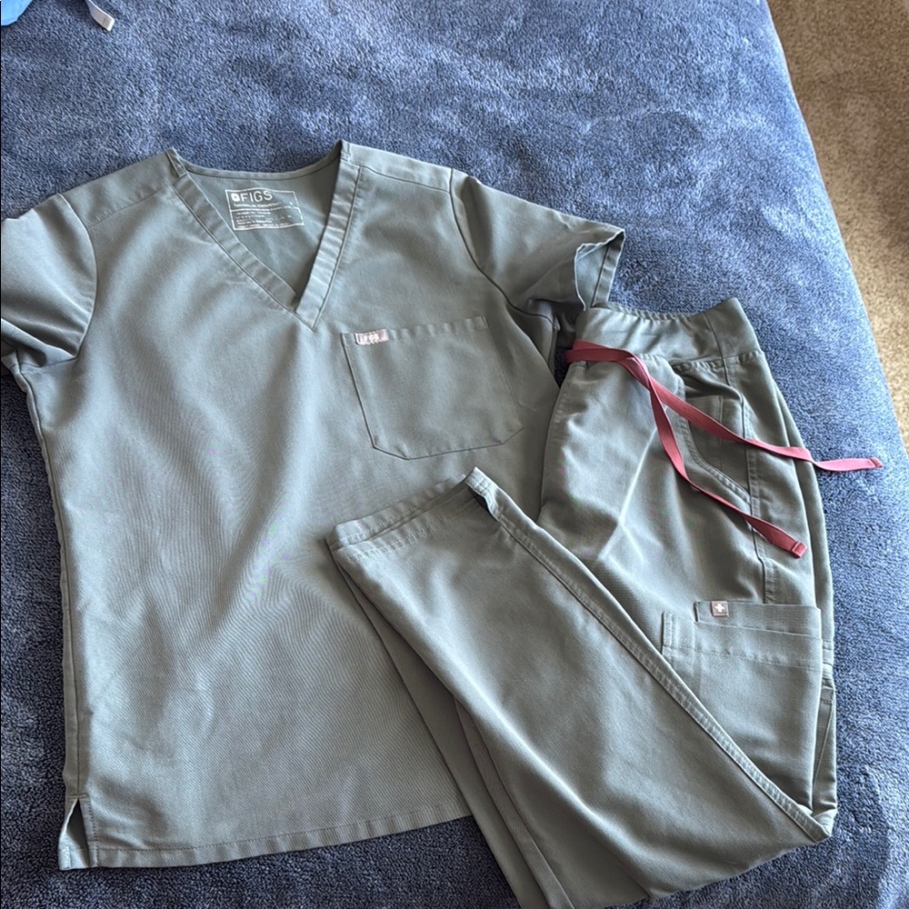 COPY - FIGS Sage Green Scrub Set with Red Accent